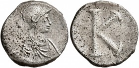 Anonymous, time of Justinian I, circa 530. Half Siliqua (Silver, 13 mm, 1.26 g, 6 h), Constantinopolis. Helmeted and draped bust of Constantinopolis t...