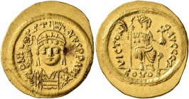 Justin II, 565-578. Solidus (Gold, 22 mm, 4.42 g, 6 h), Constantinopolis. D N IVSTINVS P P AVI Helmeted and cuirassed bust of Justin II facing, holdin...