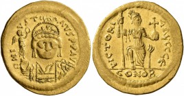 Justin II, 565-578. Solidus (Gold, 21 mm, 4.44 g, 6 h), Constantinopolis. D N IVSTINVS P P AVI Helmeted and cuirassed bust of Justin II facing, holdin...