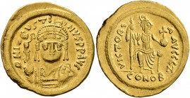 Justin II, 565-578. Solidus (Gold, 21 mm, 4.42 g, 7 h), Constantinopolis. D N IVSTINVS P P AVI Helmeted and cuirassed bust of Justin II facing, holdin...