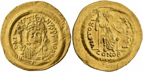 Justin II, 565-578. Solidus (Gold, 21 mm, 4.49 g, 6 h), Constantinopolis. D N IVSTINVS P P AVI Helmeted and cuirassed bust of Justin II facing, holdin...
