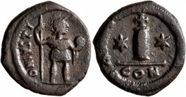 Justin II, 565-578. Dekanummium (Bronze, 19 mm, 3.65 g, 6 h), Constantinopolis. D N IVSTI[NVS P P AVG] Justin II, in military attire, standing front, ...