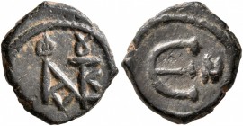 Justin II, 565-578. Pentanummium (Bronze, 13 mm, 1.51 g, 12 h), Nicomedia. Monogram of Justin II. Rev. Large Є; in field to right, N. DOC 116. MIB 49....
