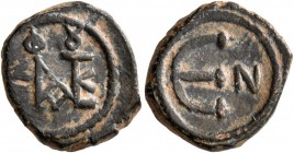 Justin II, 565-578. Pentanummium (Bronze, 14 mm, 2.26 g, 6 h), Nicomedia. Monogram of Justin II. Rev. Large Є; in field to right, N. DOC 116. MIB 49. ...