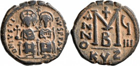 Justin II, with Sophia, 565-578. Follis (Bronze, 29 mm, 13.26 g, 1 h), Cyzicus, 572-573. D N IVSTINVS P P AV Justin, holding globus cruciger in his ri...