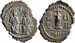 Justin II, with Sophia, 565-578. Dekanummium (Bronze, 23 mm, 3.26 g, 6 h), Theoupolis (Antiochia), 571-572. Justin II, holding scepter in his right ha...