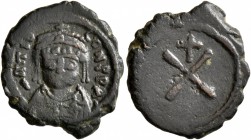 Tiberius II Constantine, 578-582. Dekanummium (Bronze, 19 mm, 2.91 g, 6 h), Constantinopolis. δ m Tib CON P P A' Crowned, draped and cuirassed bust of...