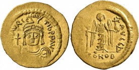 Maurice Tiberius, 582-602. Solidus (Gold, 21 mm, 4.35 g, 7 h), Constantinopolis, 583-601. [O N] mAVRC TIb P P AV' Draped and cuirassed bust of Maurice...