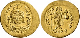 Maurice Tiberius, 582-602. Solidus (Gold, 22 mm, 4.52 g, 7 h), Constantinopolis, 583-601. O N mAVRC TIb P P AVG Draped and cuirassed bust of Maurice T...