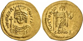 Maurice Tiberius, 582-602. Solidus (Gold, 20 mm, 4.39 g, 6 h), Constantinopolis, 583-601. O N mAVRC TIb P P AVG Draped and cuirassed bust of Maurice T...