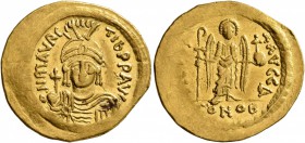 Maurice Tiberius, 582-602. Solidus (Gold, 22 mm, 4.36 g, 7 h), Constantinopolis, 583-601. O N mAVRC TIb P P AVI Draped and cuirassed bust of Maurice T...