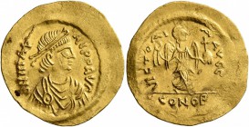 Maurice Tiberius, 582-602. Semissis (Gold, 20 mm, 2.21 g, 7 h), Constantinopolis. D N mAVRI P P AVG Diademed, draped, and cuirassed bust of Maurice Ti...