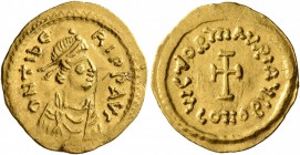 Maurice Tiberius, 582-602. Tremissis (Gold, 16 mm, 1.41 g, 6 h), Constantinopolis. D N TIbЄRI P P AVG Pearl-diademed, draped and cuirassed bust of Tib...
