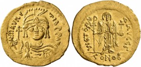 Maurice Tiberius, 582-602. Solidus (Gold, 21 mm, 4.39 g, 6 h), Theoupolis (Antiochia). O N mAVRC TIb P P AVG Draped and cuirassed bust of Maurice Tibe...