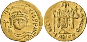 Maurice Tiberius, 582-602. Solidus (Gold, 20 mm, 4.45 g, 7 h), Theoupolis (Antiochia). [O N mAV]RC TIb P P AVI Draped and cuirassed bust of Maurice Ti...