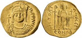 Maurice Tiberius, 582-602. Solidus (Gold, 21 mm, 4.39 g, 7 h), Theoupolis (Antiochia). [O N mAV]RC TIb P P AVI Draped and cuirassed bust of Maurice Ti...