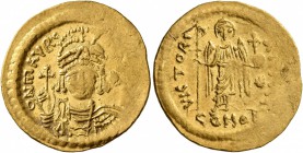 Maurice Tiberius, 582-602. Light weight Solidus of 23 Siliquae (Gold, 22 mm, 4.28 g, 7 h), Theoupolis (Antiochia). O N mAVRC [TIb P P AVI] Draped and ...