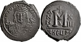 Maurice Tiberius, 582-602. Follis (Bronze, 29 mm, 11.39 g, 5 h), Theoupolis (Antiochia), 594-595. δ N mAЧΓI CN P AЧT Bust of Maurice Tiberius facing, ...
