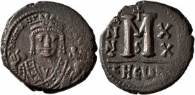 Maurice Tiberius, 582-602. Follis (Bronze, 27 mm, 11.43 g, 7 h), Theoupolis (Antiochia), 601-602. δ N mAЧΓI [CN P AЧT] Bust of Maurice Tiberius facing...