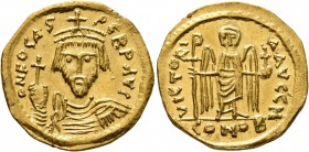 Phocas, 602-610. Solidus (Gold, 20 mm, 4.17 g, 7 h), Constantinopolis, 603-607. O N FOCAS PERP AVG Draped and cuirassed bust of Phocas facing, wearing...