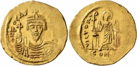 Phocas, 602-610. Solidus (Gold, 22 mm, 4.46 g, 7 h), Constantinopolis, 603-607. o N FOCAS [PЄRP AVI] Draped and cuirassed bust of Phocas facing, weari...