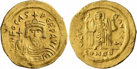 Phocas, 602-610. Solidus (Gold, 21 mm, 4.40 g, 7 h), Constantinopolis, 603-607. O N FOCAS PERP AVI Draped and cuirassed bust of Phocas facing, wearing...