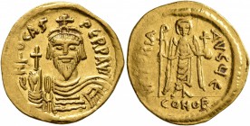 Phocas, 602-610. Solidus (Gold, 21 mm, 4.44 g, 6 h), Constantinopolis, 607-610. δ N FOCAS PЄRP AVI Draped and cuirassed bust of Phocas facing, wearing...