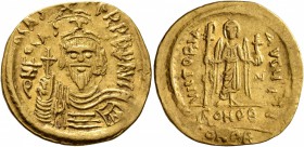 Phocas, 602-610. Solidus (Gold, 22 mm, 4.40 g, 7 h), Constantinopolis, 607-610. δ N FOCAS PERP AVI Draped and cuirassed bust of Phocas facing, wearing...
