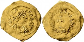 Phocas, 602-610. Tremissis (Gold, 17 mm, 1.42 g, 6 h), Constantinopolis. δ N FOCAS P P AVG Pearl-diademed, draped and cuirassed bust of Phocas to righ...