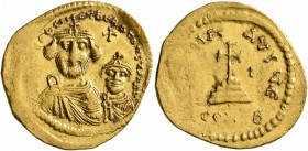 Heraclius, with Heraclius Constantine, 610-641. Solidus (Gold, 21 mm, 4.42 g, 7 h), Constantinopolis, 616-625. [δδ NN hER]ACLIЧS ET hERA CONST PP AV C...