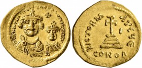 Heraclius, with Heraclius Constantine, 610-641. Solidus (Gold, 21 mm, 4.29 g, 7 h), Constantinopolis, circa 616-625. δδ NN hERACLIЧS ET hERA CONST PP ...