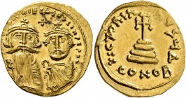 Heraclius, with Heraclius Constantine, 610-641. Solidus (Gold, 21 mm, 4.39 g, 6 h), Constantinopolis, 629-631. [δδ NN] hERACLIЧS ET hERA CONST PP AVG ...
