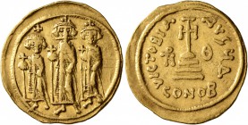 Heraclius, with Heraclius Constantine and Heraclonas, 610-641. Solidus (Gold, 23 mm, 4.36 g, 7 h), Constantinopolis, circa 635-636. Heraclonas, uncrow...