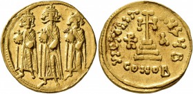 Heraclius, with Heraclius Constantine and Heraclonas, 610-641. Solidus (Gold, 19 mm, 4.38 g, 7 h), Constantinopolis, indictional year IA (11) = 637/63...