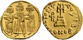 Heraclius, with Heraclius Constantine and Heraclonas, 610-641. Solidus (Gold, 20 mm, 4.41 g, 6 h), Constantinopolis, circa 639-641. Heraclius, Heracli...