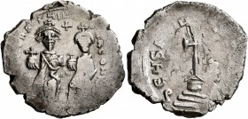 Heraclius, with Heraclius Constantine, 610-641. Hexagram (Silver, 25 mm, 5.48 g, 7 h), Constantinopolis, 615-638. [d N ҺЄ]RACLIЧS ЄT ҺЄRA CONSTA Herac...