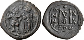 Heraclius, with Heraclius Constantine, 610-641. Follis (Bronze, 35 mm, 13.47 g, 7 h), Constantinopolis, 629-630. Heraclius standing facing in military...