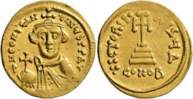 Constans II, 641-668. Solidus (Gold, 20 mm, 4.45 g, 6 h), Constantinopolis, 641-646. δ N CONSTANTINЧS P P AV Crowned, draped and beardless bust of Con...
