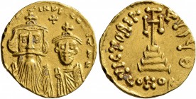 Constans II, with Constantine IV, 641-668. Solidus (Gold, 19 mm, 4.35 g, 7 h), Constantinopolis, 654-659. [δ N CON]STANTINЧS C CONSTAN Crowned and dra...