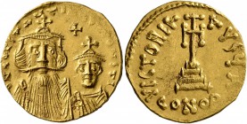 Constans II, with Constantine IV, 641-668. Solidus (Gold, 20 mm, 4.42 g, 7 h), Constantinopolis, 654-659. δ N CONSTANTINЧS C CONSTI Crowned and draped...