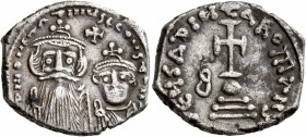 Constans II, with Constantine IV, 641-668. Hexagram (Silver, 20 mm, 4.77 g, 6 h), Constantinopolis, 654-659. δ N CONSTANTINЧS C CONSTAN Crowned and dr...