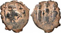 Constans II, with Constantine IV, Heraclius, and Tiberius, 641-668. Follis (Bronze, 23 mm, 3.77 g, 1 h), Constantinopolis, 659-663. Constans II standi...