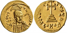 Constantine IV Pogonatus, 668-685. Solidus (Gold, 20 mm, 4.47 g, 7 h), Constantinopolis, 681-685. P CONSTN SЧ P P A Diademed, helmeted and cuirassed b...
