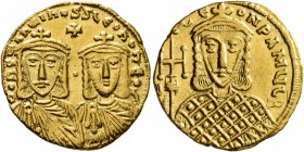 Constantine V Copronymus, with Leo IV, 741-775. Solidus (Gold, 20 mm, 4.48 g, 5 h), Constantinopolis, circa 757-775. COҺSTAҺTIҺOS S LЄOҺ O ҺЄOS Crowne...