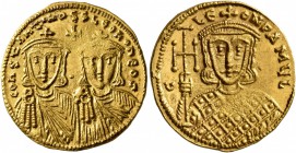 Constantine V Copronymus, with Leo IV, 741-775. Solidus (Gold, 20 mm, 4.50 g, 7 h), Constantinopolis, circa 757-775. COҺSTAҺTIҺOS S LЄOҺ O ҺЄOS Crowne...