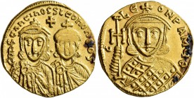 Constantine V Copronymus, with Leo IV, 741-775. Solidus (Gold, 20 mm, 4.46 g, 6 h), Constantinopolis, circa 751-757. COҺSTAҺTIҺOS S LЄOҺ O ҺЄOS Crowne...