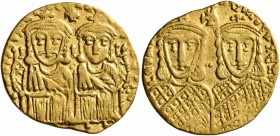 Leo IV the Khazar, with Constantine VI, 775-780. Solidus (Gold, 21 mm, 4.41 g, 7 h), Constantinopolis. LЄOҺ VS S ЄςςOҺ COҺSTAҺT O ҺЄOS Crowned and dra...