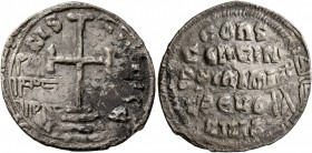 Constantine VI &amp; Irene, 780-797. Miliaresion (Silver, 21 mm, 1.65 g), Constantinopolis. IҺSЧS XRISTЧS ҺICA Cross potent set on three steps. Rev. C...