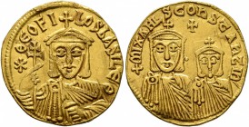 Theophilus, with Constantine and Michael II, 829-842. Solidus (Gold, 20 mm, 4.46 g, 6 h), Constantinopolis, 830/1 - 840. ✱ΘЄΟFILOS bASILЄ'Θ Bust of Th...
