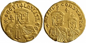 Theophilus, with Constantine and Michael II, 829-842. Solidus (Gold, 21 mm, 4.42 g, 6 h), Constantinopolis. ✱ ΘЄOFILOS bASILЄ Θ Facing bust of Theophi...